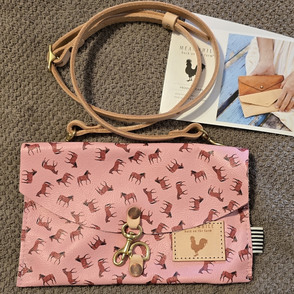 Meanwhile Back On The Farm Triple Crown Pink With Horses Envelope Crossbody NWT